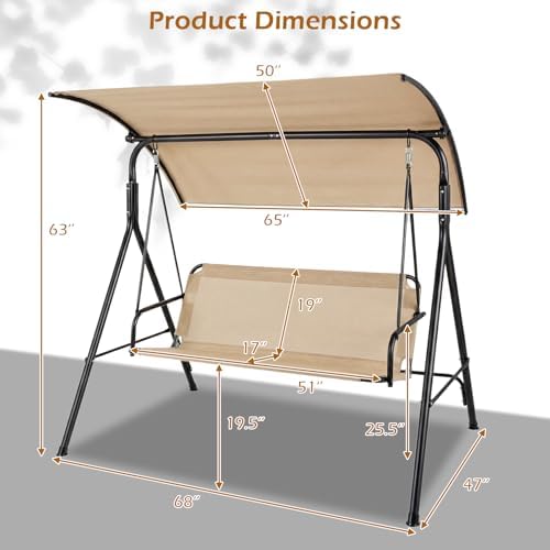 Tangkula 3 Person Porch Swing with Adjustable Canopy, 800 lbs Capacity