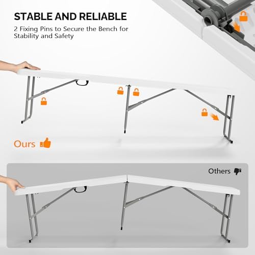 Bonnlo 6 FT Plastic Folding Bench with Handle, Sturdy Metal Frame, Perfect fo...