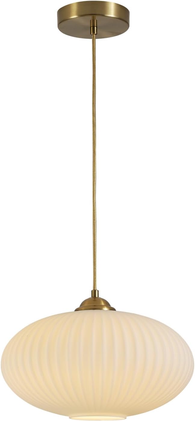 KCO Lighting Modern Gold Brass 9.8" White Milk Ribbed Glass Pendant Light