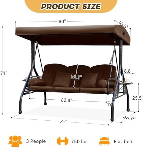 3 in 1 Outdoor Porch Swing with Adjustable Canopy, 3 Seat Outdoor Swing for A...