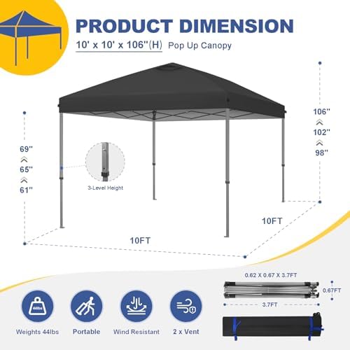 Explore Land 10x10 Pop Up Canopy with One Push Setup, Black