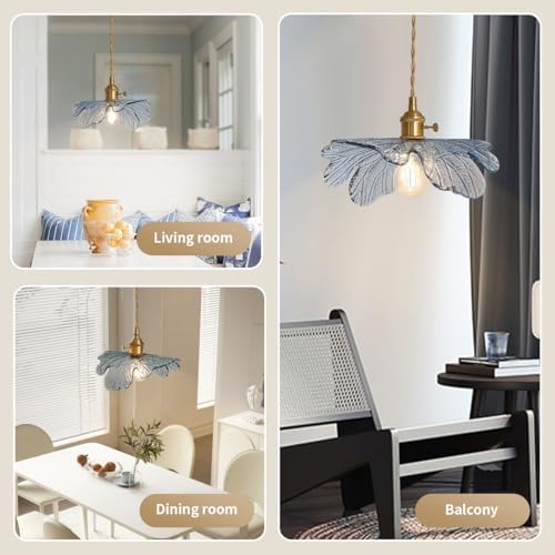 Vintage Glass Pendant Light Gold Brushed Brass Hanging Light with Blue Flower...