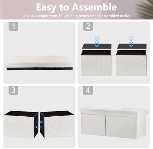 Storage Ottoman Bench, 34" Teddy Velvet Folding Foot Rest, White