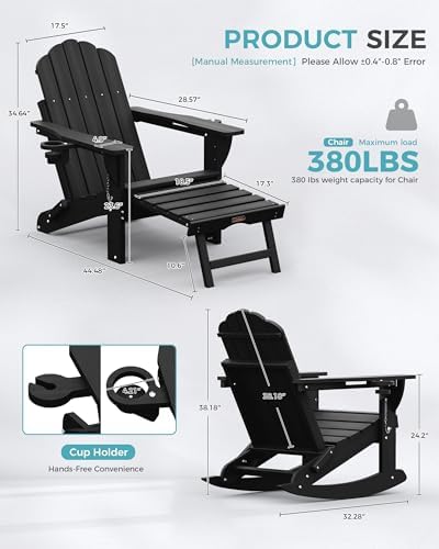 Ciokea Adirondack Rocking Chair with Footrest, Folding HDPE Rocker (Black)