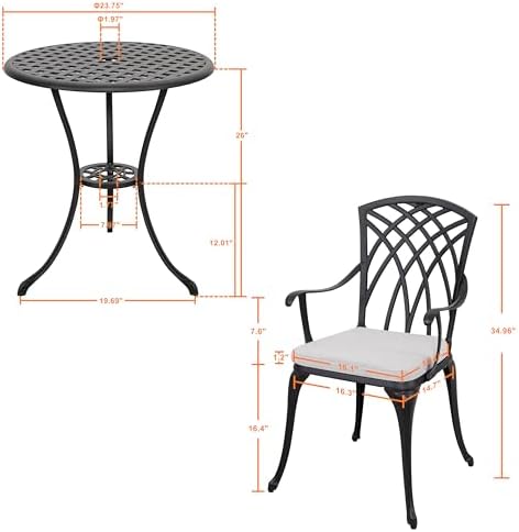 NUU GARDEN Bistro Set 3 Piece Outdoor Cast Aluminum Patio Bistro Set Patio Ta...