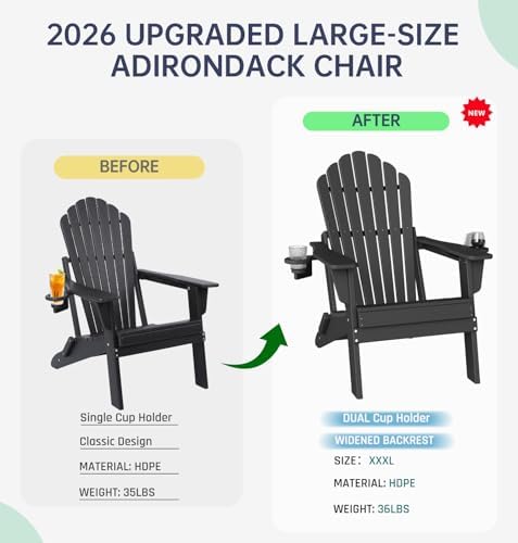 Plawdlik HDPE Folding Adirondack Chair Set of 2, Heavy Duty Outdoor Patio Cha...