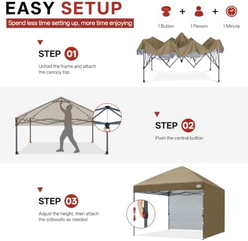 ABCCANOPY 10x10 Pop Up Canopy Tent, 2 Sidewalls, All-Weather Shade, Khaki