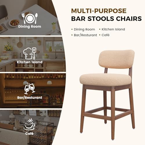 Solid Wood Counter Height Bar Stools Set of 2, Fluffy Boucle Bar Chairs with ...