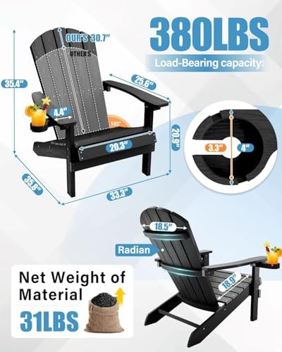 YEFU Adirondack Chair with Cup Holder, All-Weather Outdoor Chair, Black