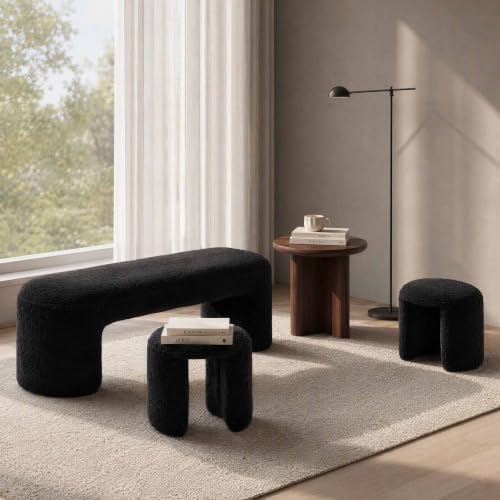 53" Sherpa Nesting Ottoman Bench Set, Black