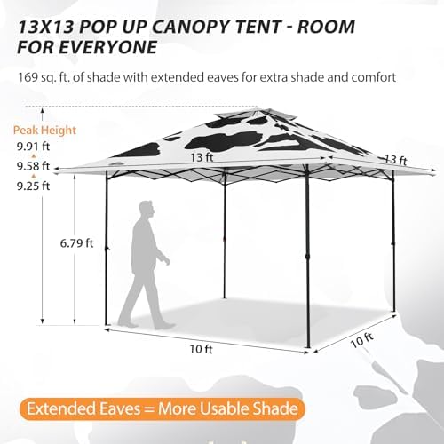 EAGLE PEAK 13x13 Pop Up Canopy Tent, Auto Extended Eaves, Cow Print