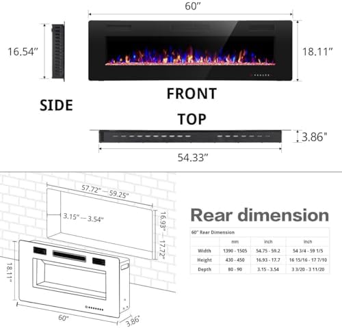 R.W.FLAME 60" Recessed and Wall Mounted Electric Fireplace, Low Noise, F...
