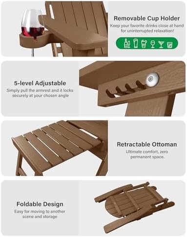 YEFU Adjustable Adirondack Chair with Footrest,All-Weather, Set of 2,Teak
