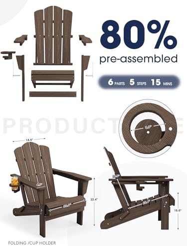 KINGYES Folding Adirondack Chair Set of 2 with Cup Holder, Coffee