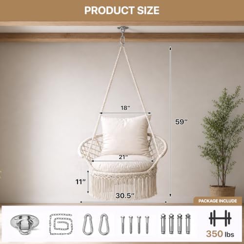 Athena Collection Macrame Hammock Chair with Mounting Hardware Kit, Beige