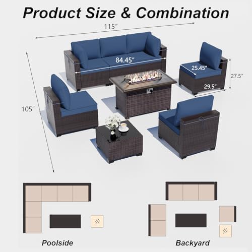 ALAULM Patio Furniture Set with Fire Pit Table 55000 BTU, Outdoor Sectional w...