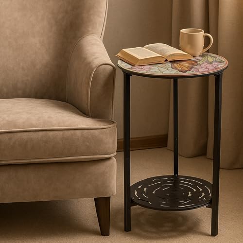 2 Packs Two-Tier Metal Round Side Table Set of Two Black Accent Coffee Tables...