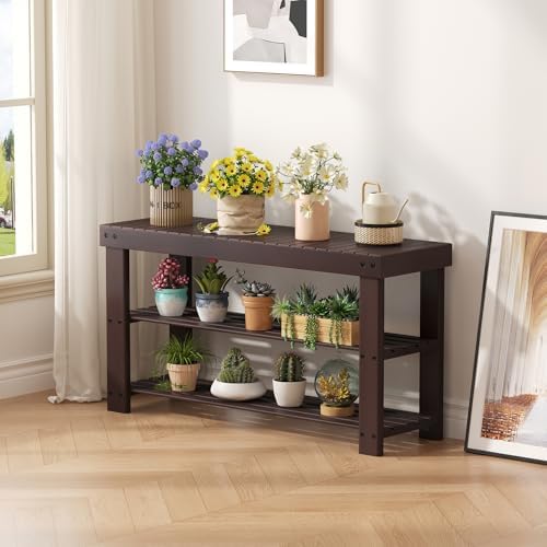 NEWBULIG Shoe Rack Bench, 3-Tier Bamboo Shoe Organizer, Wooden Entryway Stora...