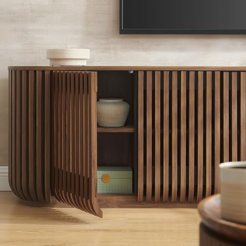 Modway Fortitude 75" Fluted Curved Sideboard Buffet with 4 Doors in Waln...