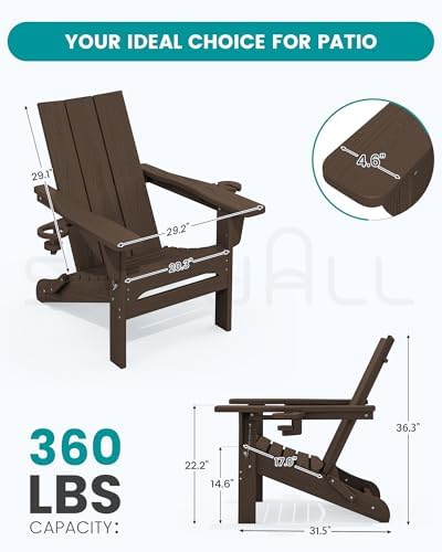 SERWALL HDPE Modern Folding Adirondack Chairs Set of 2, Cup Holders, Coffee