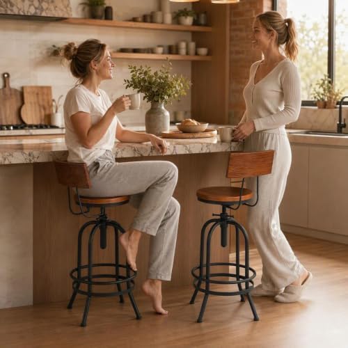 Set of 2-Industrial Bar Stools with Backrest-Swivel Wood Seat-Bar Counter Hei...