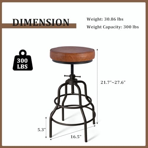 LOKKHAN Industrial Bar Stools-Swivel Leather Metal Bar Stool-20-27 Inch Tall ...