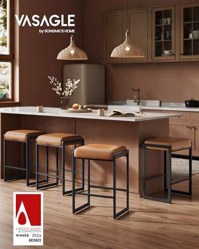 VASAGLE Bar Stools Set of 4, Counter Height, PU Leather, 26-Inch