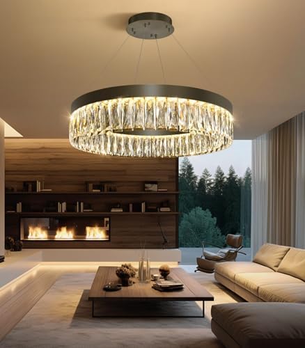 23.6" 1 Ring Modern LED Dimmable Ring Chandelier Adjustable Round Crysta...