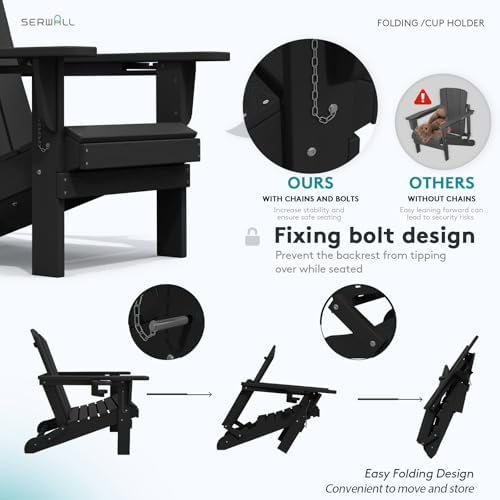 SERWALL Outdoor Adirondack Chair Set of 2 with Cup Holders,Foldable,Black