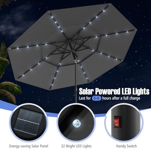 Tangkula 10 FT Solar LED Patio Umbrella, 3-Tier Vented Outdoor Market Table U...