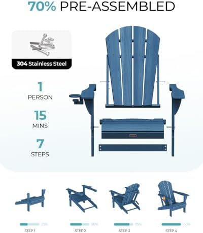 Ciokea Folding Adirondack Chair HDPE All-Weather Patio, Navy Blue