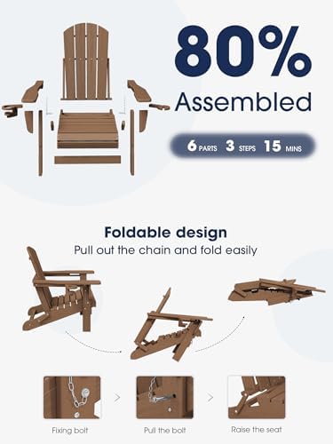 KINGYES Folding Adirondack Chair Set of 2 with 2 Cup Holders, Brown