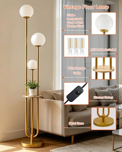 Lightdot Gold Globe Floor Lamp 3-Lights Dimmable Floor Lamps with Tray& B...