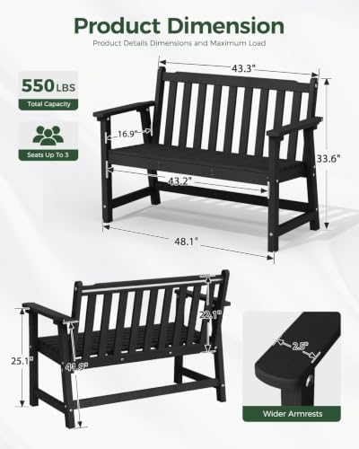 48" HDPE Weatherproof Outdoor Bench, Garden Porch Benches, Black