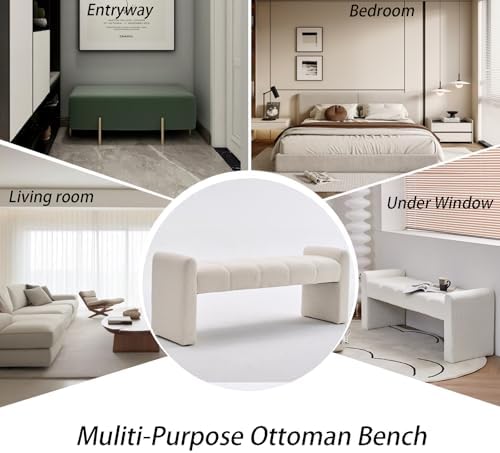 54" Boucle Bench for Bedroom Window End of Bed, Ivory White