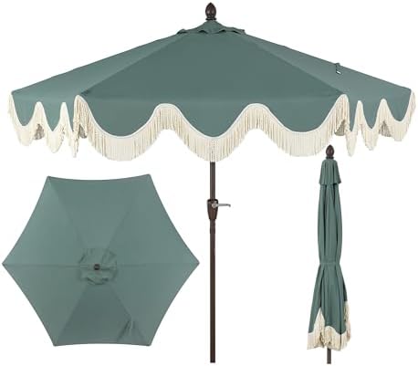 JONATHAN Y UMB1001 Collins 9 ft. Classic Cottage Tassel Market Patio Umbrella...