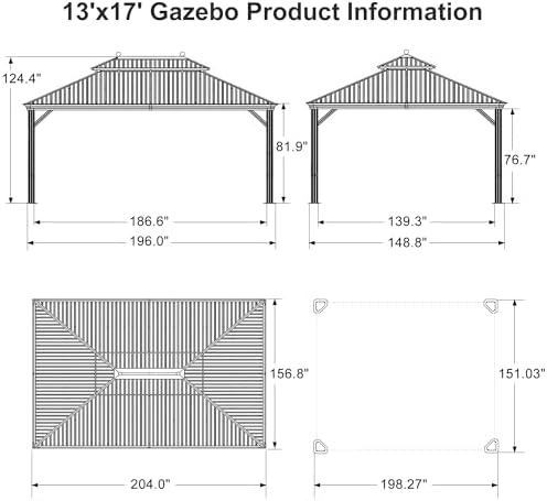 PURPLE LEAF Outdoor Hardtop Gazebo 13' x 17' Bronze Metal 4.7" W...