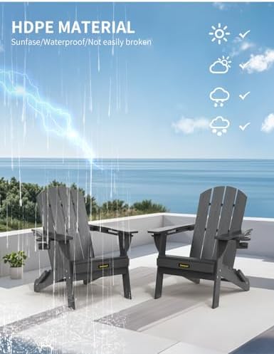 Folding Adirondack Chair, Wooden Textured Plastic Adirondack Chairs with 2 Cu...