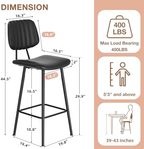Raynesys 29-Inch Leather Bar Stools Set of 2 with High Backrest, Black