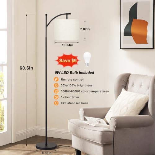 Ambimall 60" Floor Lamp with Remote and Stepless Dimmable Bulb, Black Pole