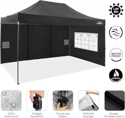 COBIZI 10x15 Pop Up Canopy Tent,Heavy Duty Canopy(Black with 4 Sidewalls)