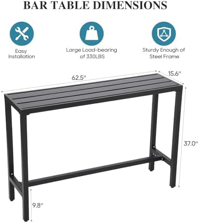 Outdoor Bar Table, Patio Console Pub Height Table with Powder Coated Steel Fr...