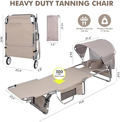 Wheel-To-Go Tanning Chair with Wheels Sun Canopy Umbrella Face Hole Thicker W...
