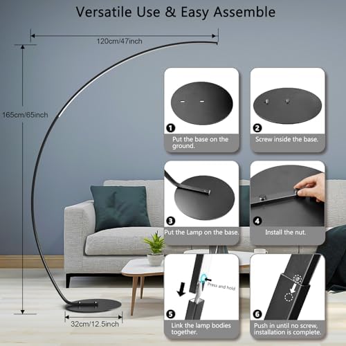 NUÜR 67" Black and Gold Arc Floor Lamp, Modern LED Standing Lamp