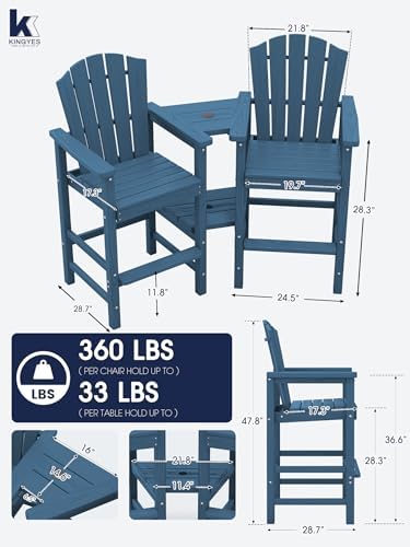 KINGYES Tall Adirondack Chair Set of 2 with Double Connecting Trays, Blue