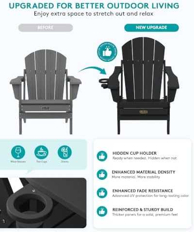 SERWALL Folding Adirondack Chair with Cup Holder Set of 2, Fire Pit - Black