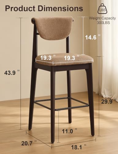 30" Counter Height Bar Stools Set of 2, Solid Wood Legs, Camel Brown