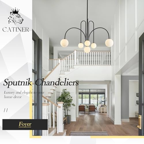 CATINER Modern 40" 6-Light Black Sputnik Chandelier with Milk Glass Globe