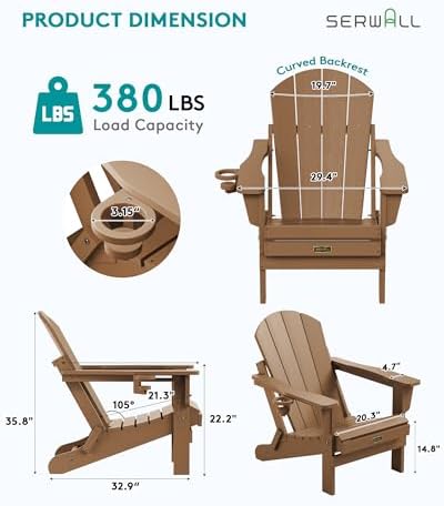 SERWALL Folding Adirondack Chair Set of 4 Patio Chair with Cup Holder-Brown