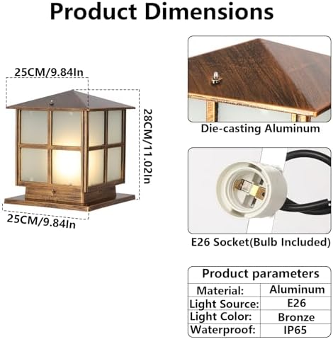 Outdoor Post Light,9.84In Hardwired Column Pillar Light Anti-rust Lamp Post